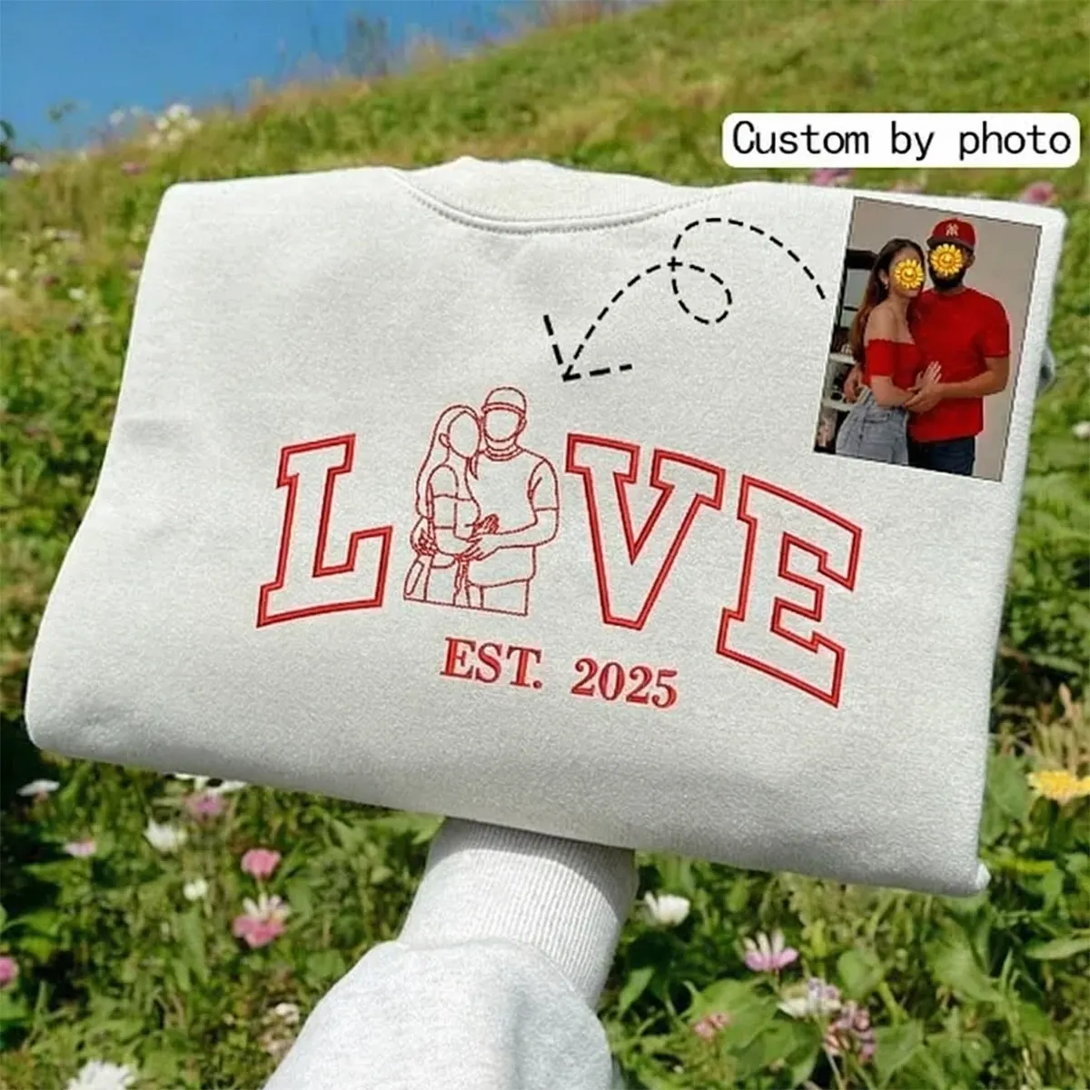 Custom Embroidered Outline Photo Couple LOVE Est Year Sweatshirt/Hoodie/T-shirt