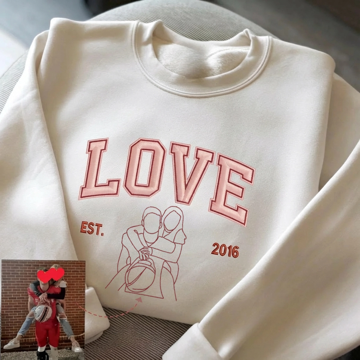 Custom Embroidered Outline Photo Couple LOVE Est Year Valentines Matching Couple Gift