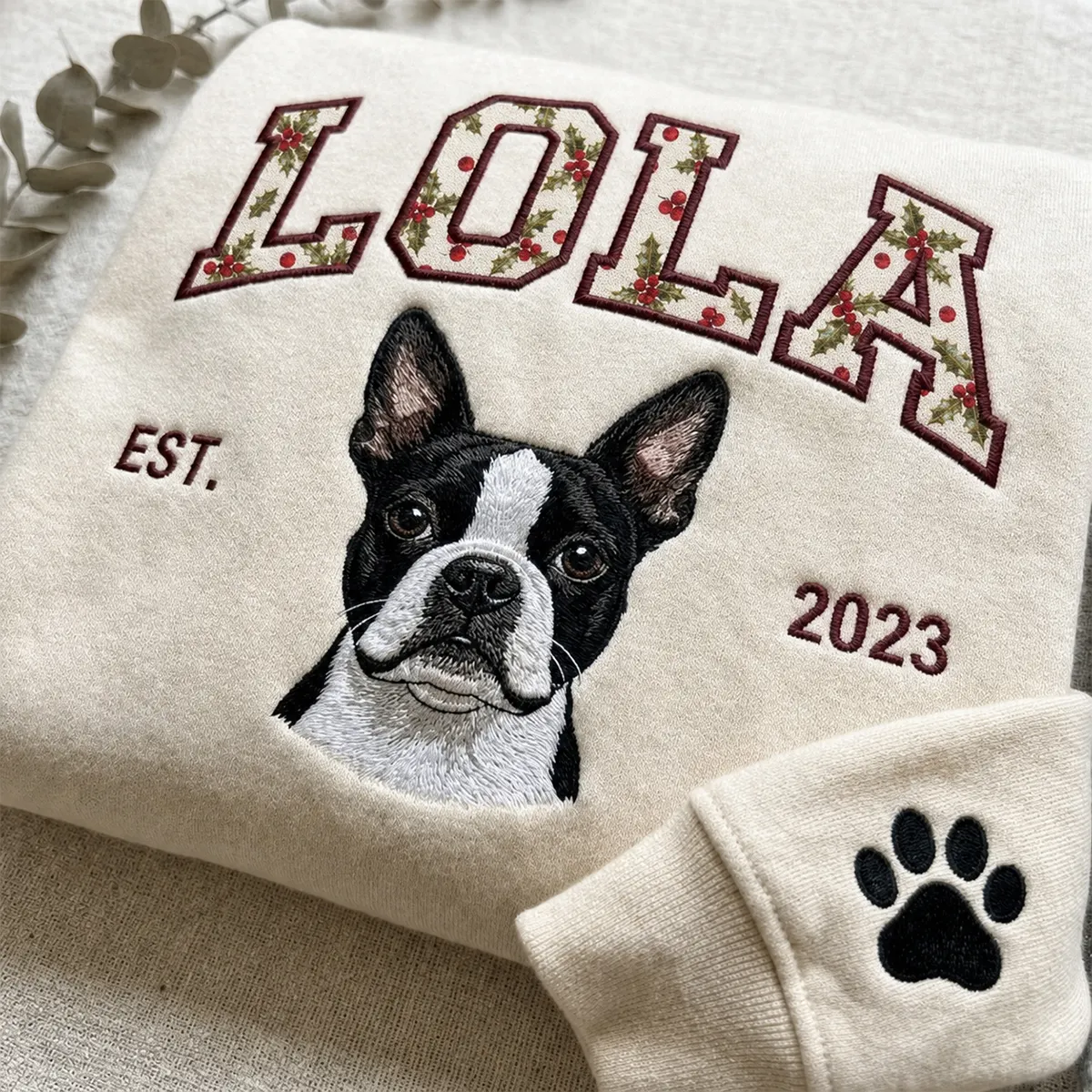 Custom Pet Portrait Embroidered Sweatshirt with Christmas Festive Name Applique