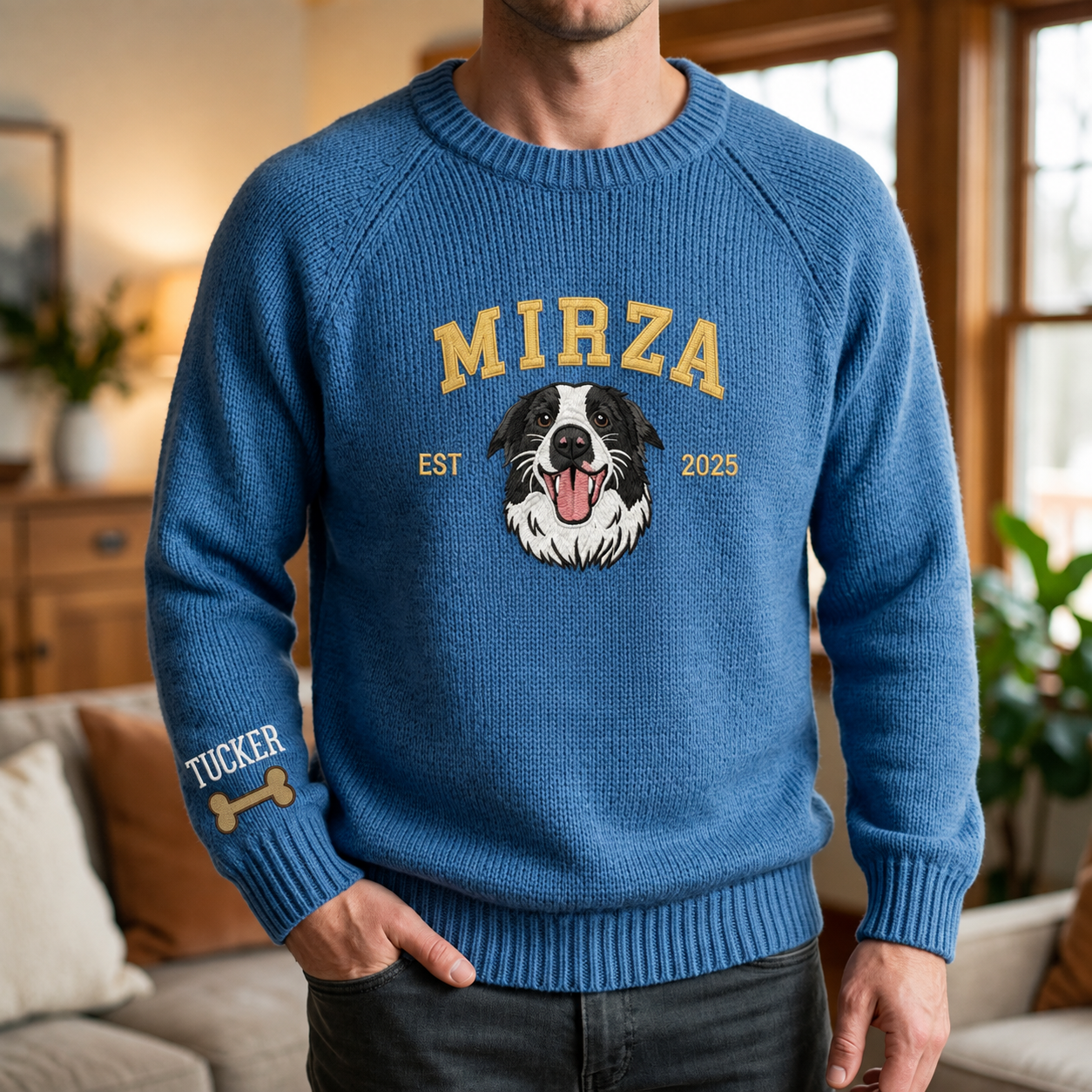 Custom Pet Portrait Knit Sweater, Personalized Dog Embroidered Sweater With EST Year,  Custom Pet Face & Name Pullover, Cozy Dog Mom Gift, Pet Lover Gift