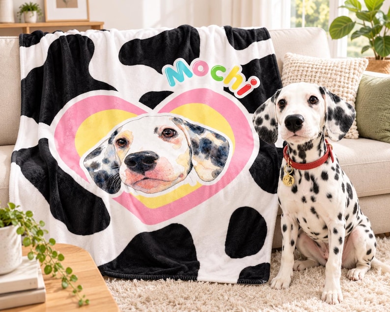 May include: A white and black cow-print fleece blanket featuring a large pink and yellow heart graphic in the center. Inside the heart is a watercolor-style illustration of a spotted dog face. The text Mochi is printed above the heart.