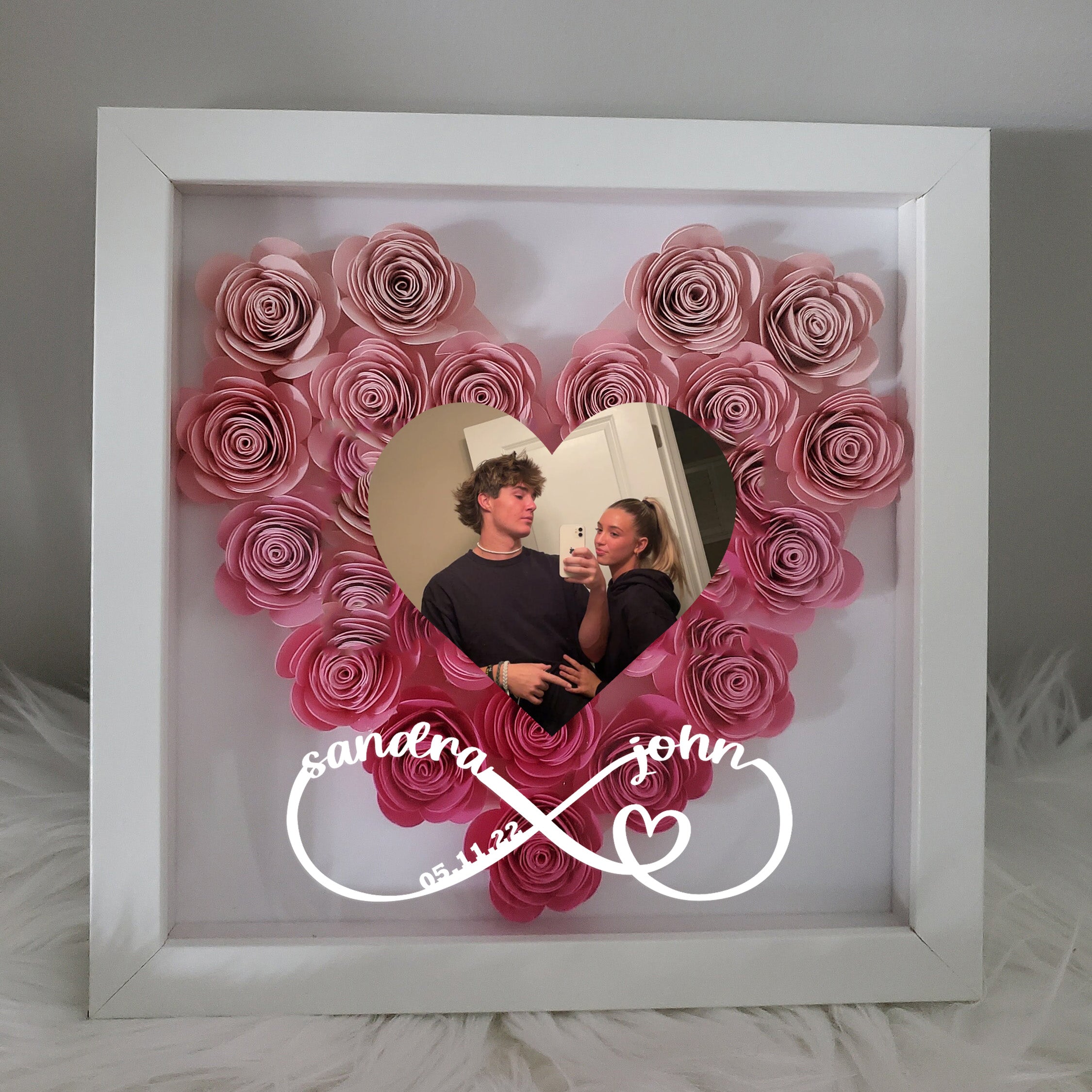 (Infinity Sign With Names) Custom Heart Flower Shadow Box with Photo-forlovever
