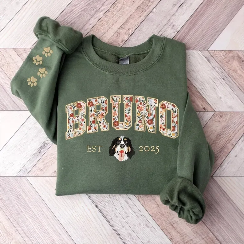Custom Pet Portrait Floral Applique Embroidered T-Shirt Sweatshirt - Personalized Gift for Pet Lovers with EST Year