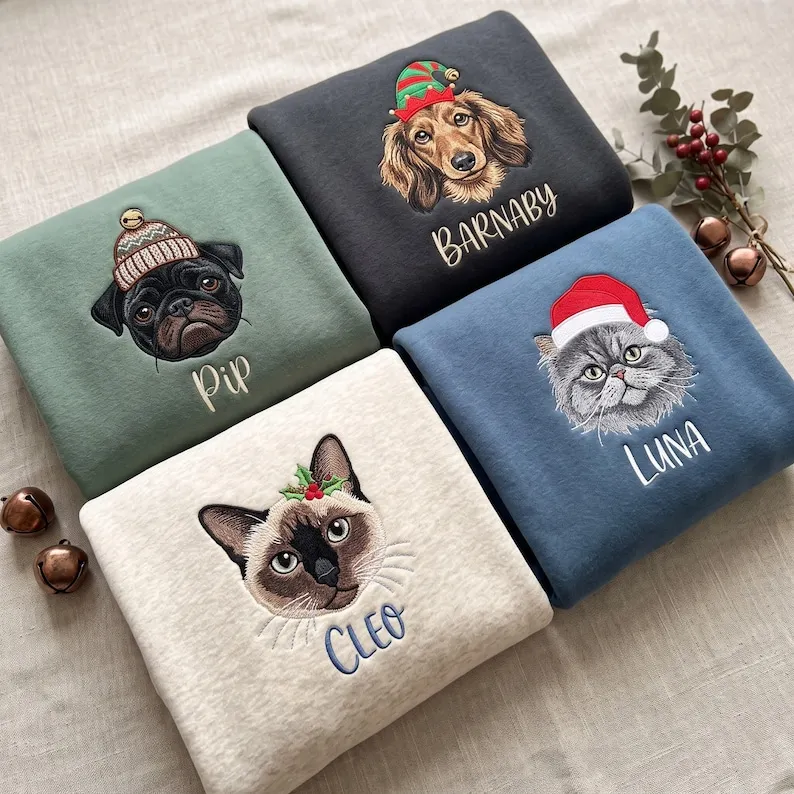 Personalized Pet Christmas Sweatshirt — Embroidered Dog or Cat Portrait with Holiday Hat