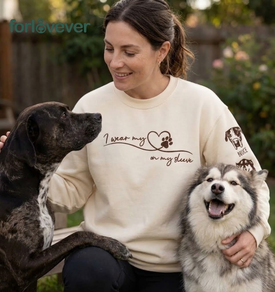 Custom Embroidered Pet Portrait Sweatshirt with Sleeve Names, Personalized Pet Lover Gift,For Pet MOM & DAD