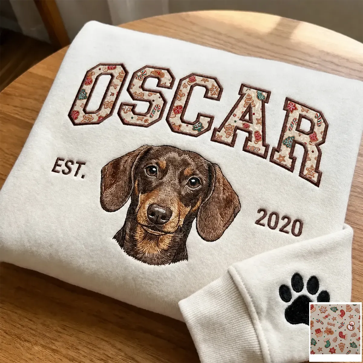 Custom Pet Portrait Embroidered Sweatshirt with Christmas Festive Name Applique
