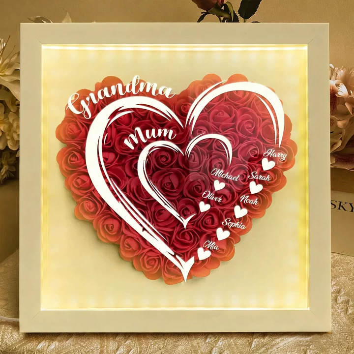 Mom Grandma Hearts Custom Kids' Names - Personalized Flower Shadow Box With LED Light