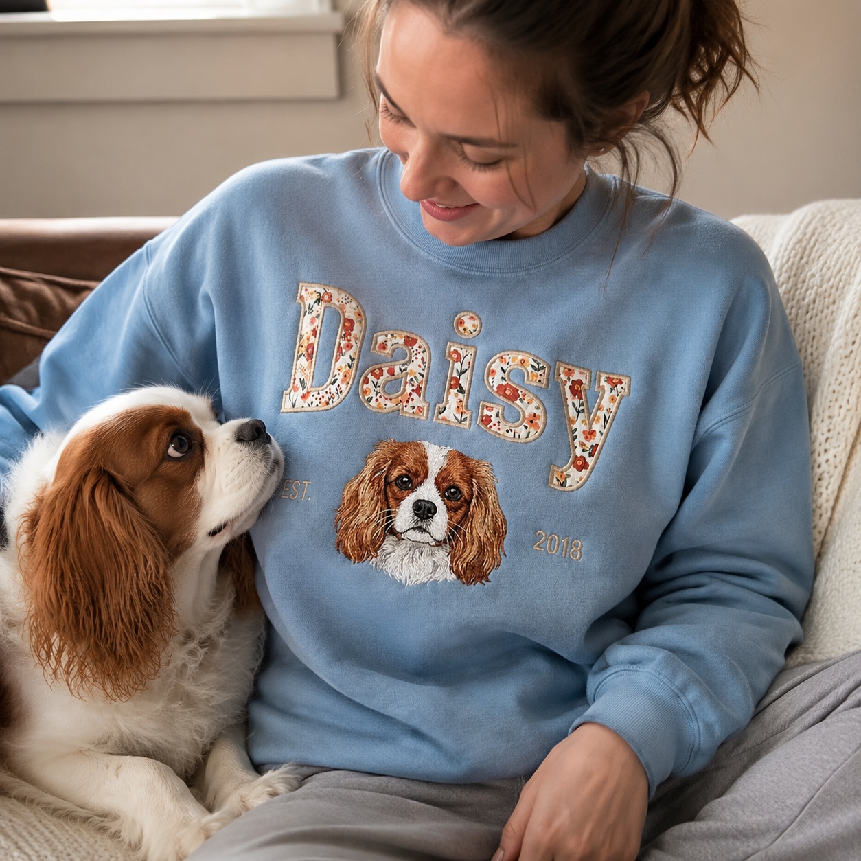 Custom Pet Portrait Floral Applique Embroidered T-Shirt Sweatshirt - Personalized Gift for Pet Lovers with EST Year
