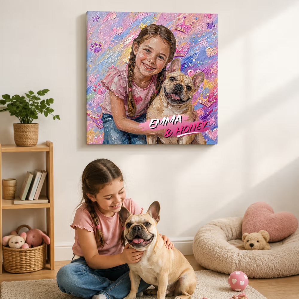 Personalized Graffiti Oil Painting Style Pet and Owner Photo Canvas Prints with Name Wall Decor Ship from USA Birthday Pet Party Gift for Pet Lovers