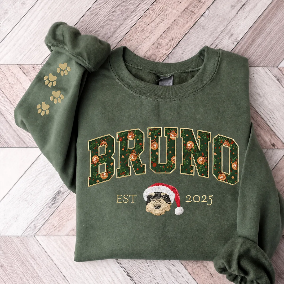 Custom Pet Portrait Embroidered Sweatshirt with Christmas Festive Name Applique