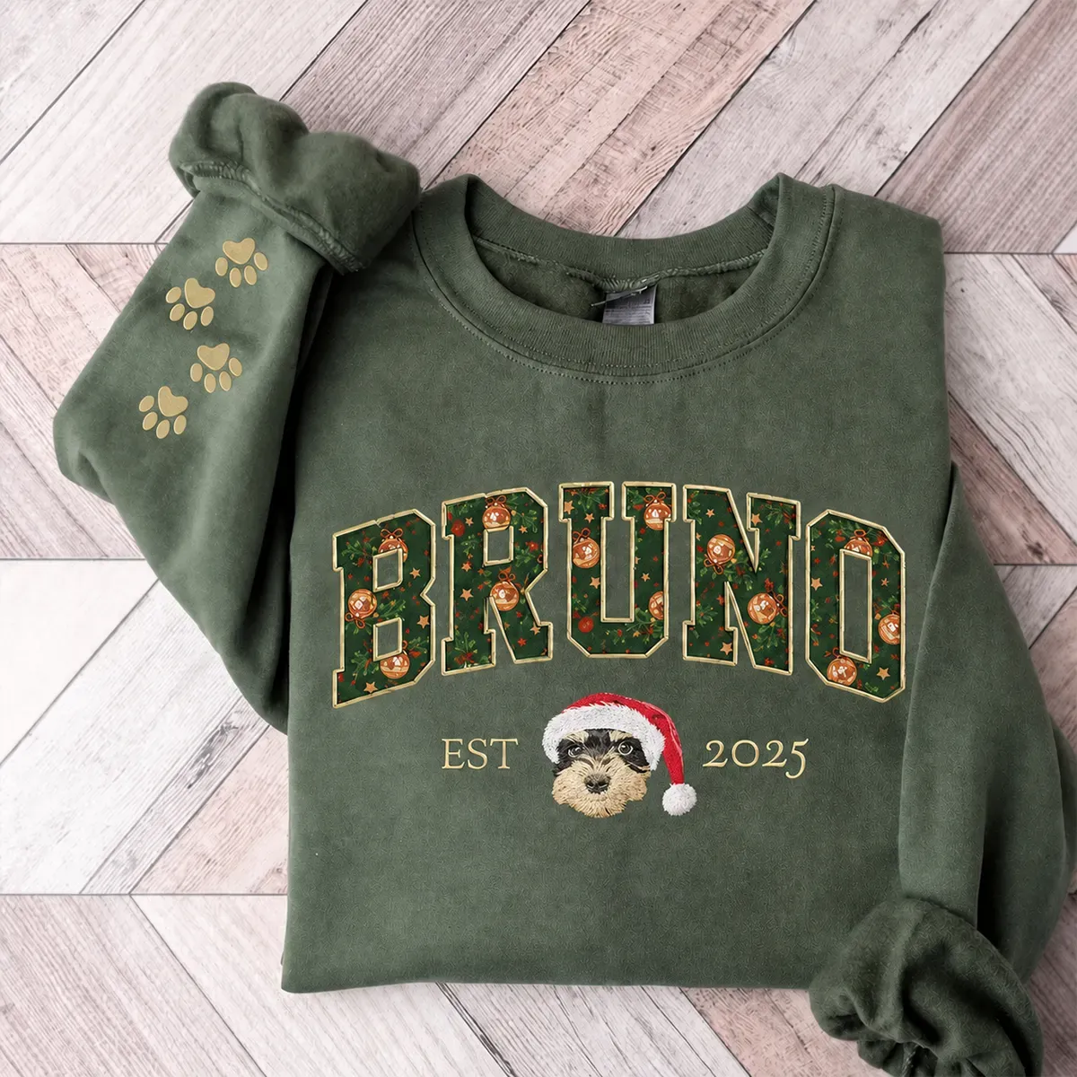 Custom Pet Portrait Embroidered Sweatshirt with Christmas Festive Name Applique