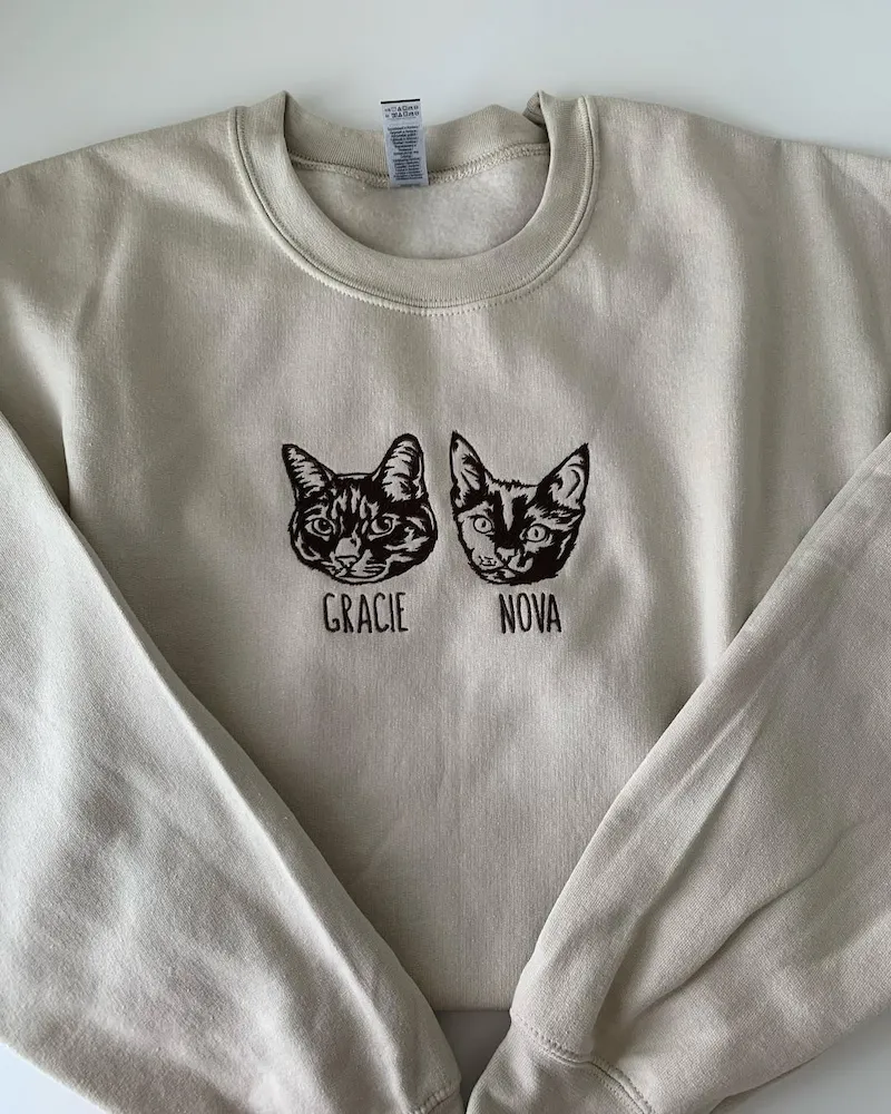 Custom Embroidered Cat Face Sweatshirt from Your Photo with Cat Names on Sleeve