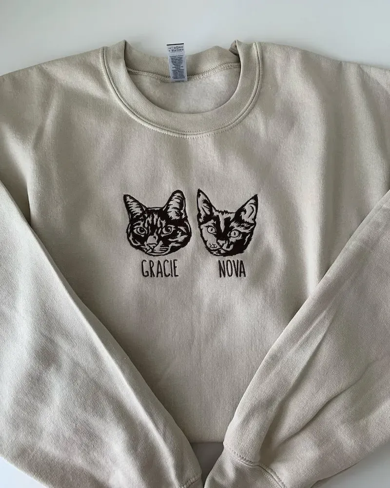Custom Embroidered Cat Face Sweatshirt from Your Photo with Cat Names on Sleeve