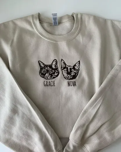 Custom Embroidered Cat Face Sweatshirt from Your Photo with Cat Names on Sleeve