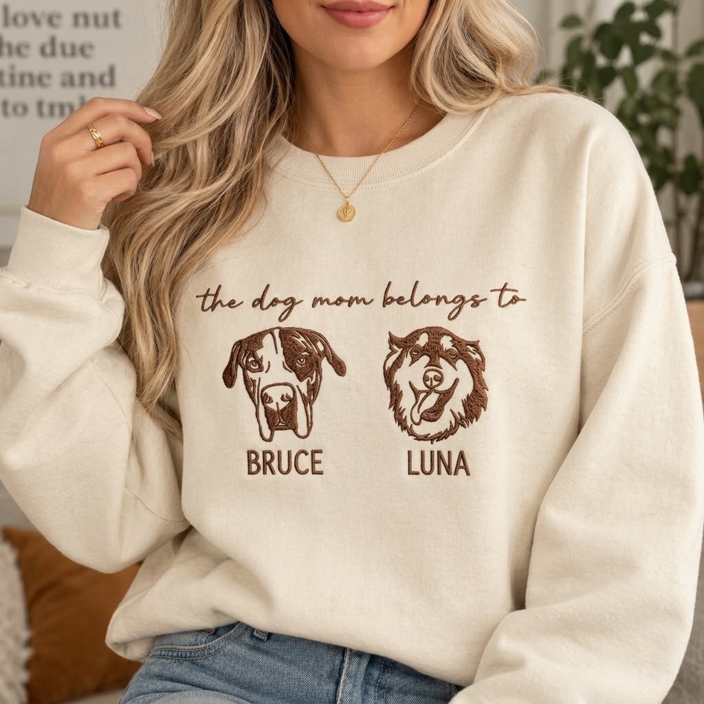Custom Embroidered Pet Portrait Sweatshirt, Personalized Pet Lover Gift,For Dog Mom & Dad