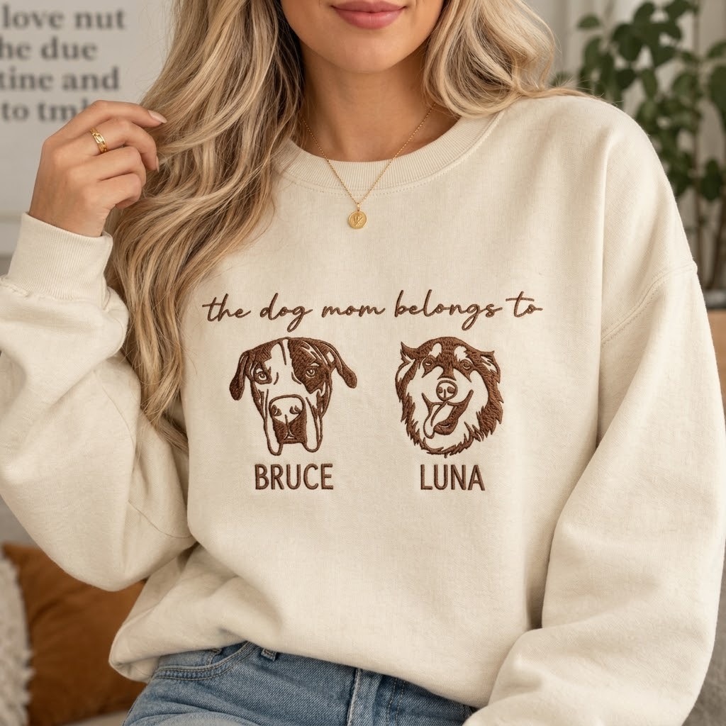 Custom Embroidered Pet Portrait Sweatshirt, Personalized Pet Lover Gift,For Dog Mom & Dad