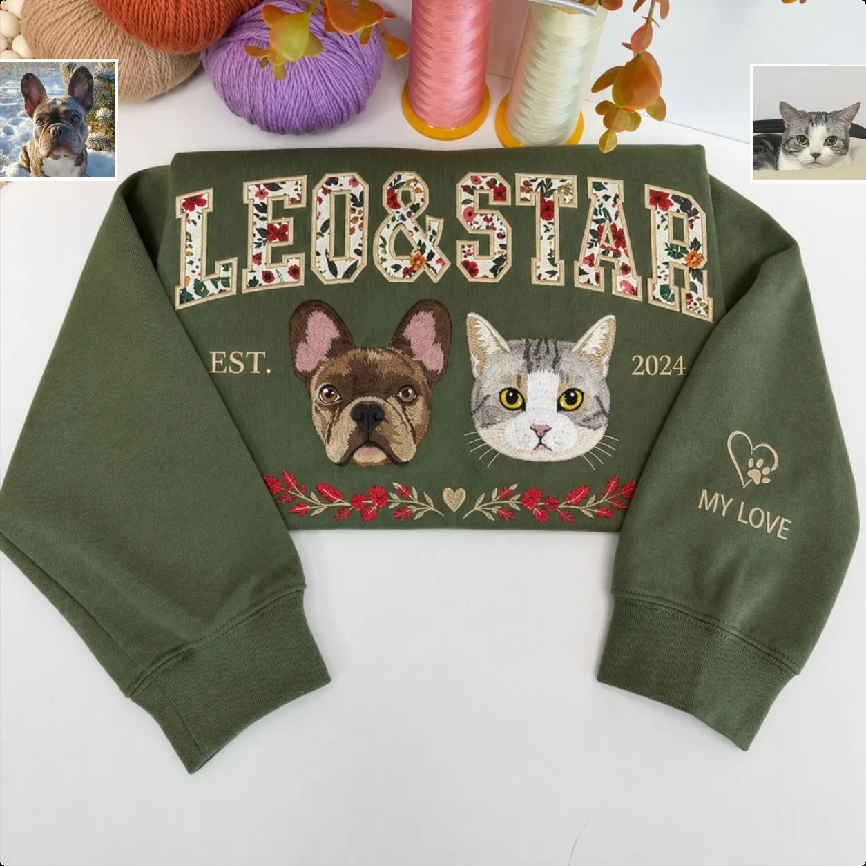 Custom Multiple Pet Portrait Floral Applique Embroidered Sweatshirt Personalized Dog Cat Gift for Pet Lovers