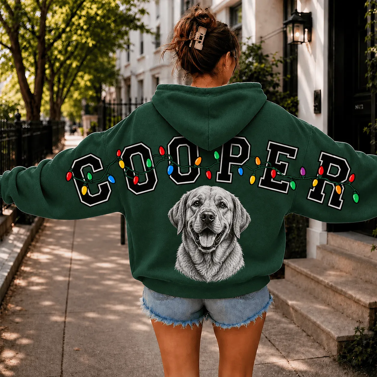 Custom Pet Portrait Christmas Sweatshirt — Distressed Big Back Name with String Lights, Dog Mom Hoodie