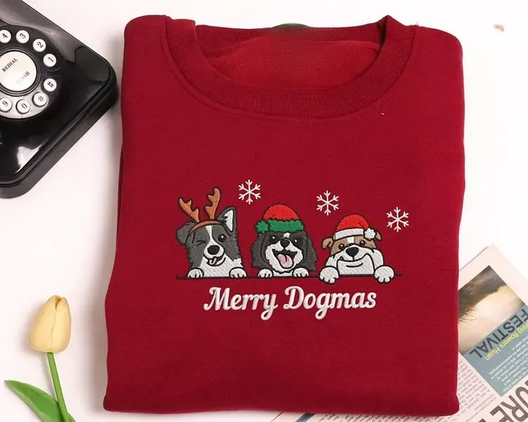 Custom Pet Portrait Christmas Hat Snowflake Embroidered Sweatshirt, Hoodie, T-Shirt