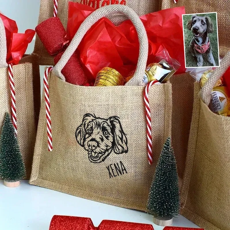 Custom Pet Photo Personalized Outline Embroidery Christmas Gift Party Bags