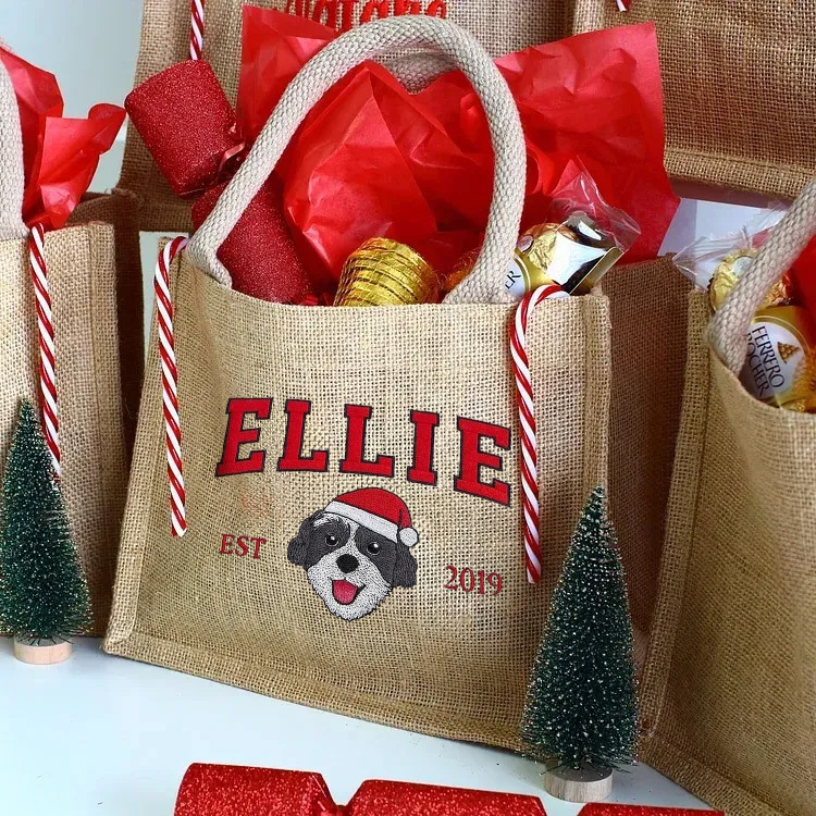 Custom Pet Photo Personalized Preppy Style Embroidered Christmas Gift Party Bags