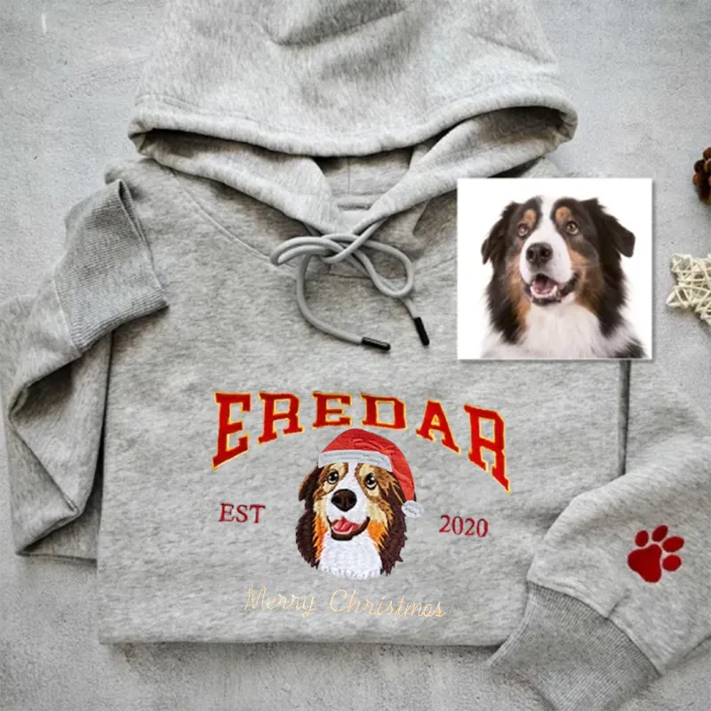 Customized Christmas Preppy-Style Embroidered Pet Portrait Sweatshirt, Hoodie, T-Shirt