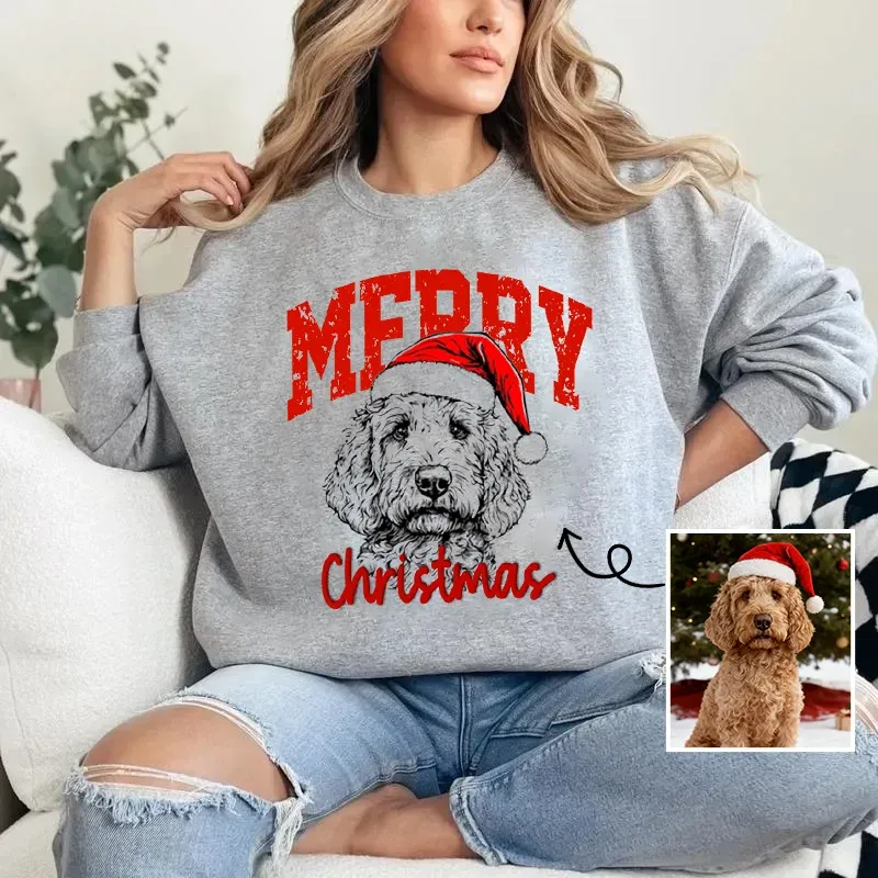 Custom Pet Portrait Christmas Sweatshirt - Personalized Dog/Cat Santa Hat Hoodie