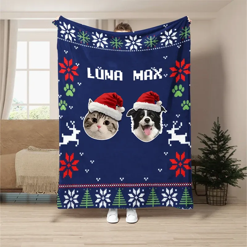 Custom Pet Portrait Christmas Blanket, Photo-Customized Personalized Pet Blanket
