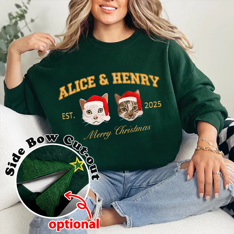 Custom Merry Christmas Embroidered Pet Portrait Sweatshirt with Glitter Side Bow Design