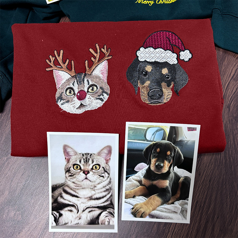 Custom Embroidered Pet Portrait Christmas Sweatshirt Hoodie Tee