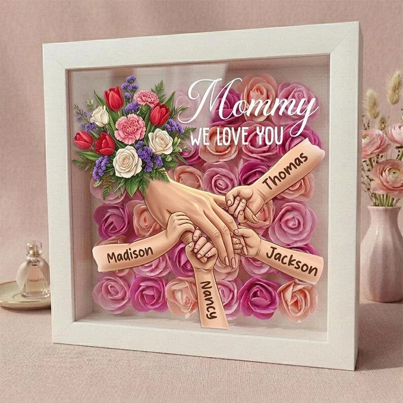 Forlovever™ Tulips & White Roses & Carnations Personalized Mom Holding Hands Shadow Box – Custom Name Remembrance Frame, Mother’s Day In Loving Memory Gift