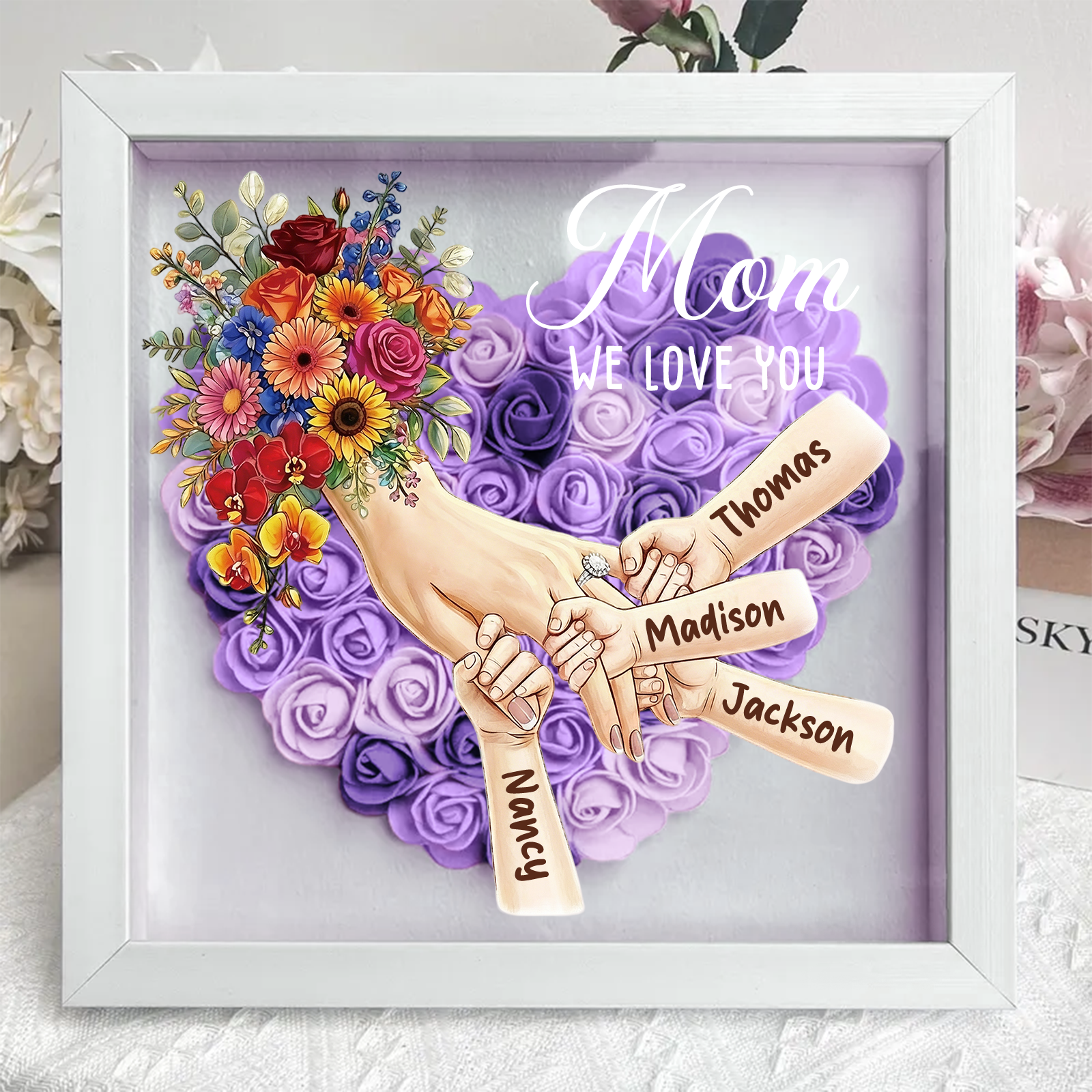 Forlovever™ Custom Mom Holding Hands with Ring & Manicure Shadow Box-Mother's Day Remembrance Frame, In Loving Memory Gift