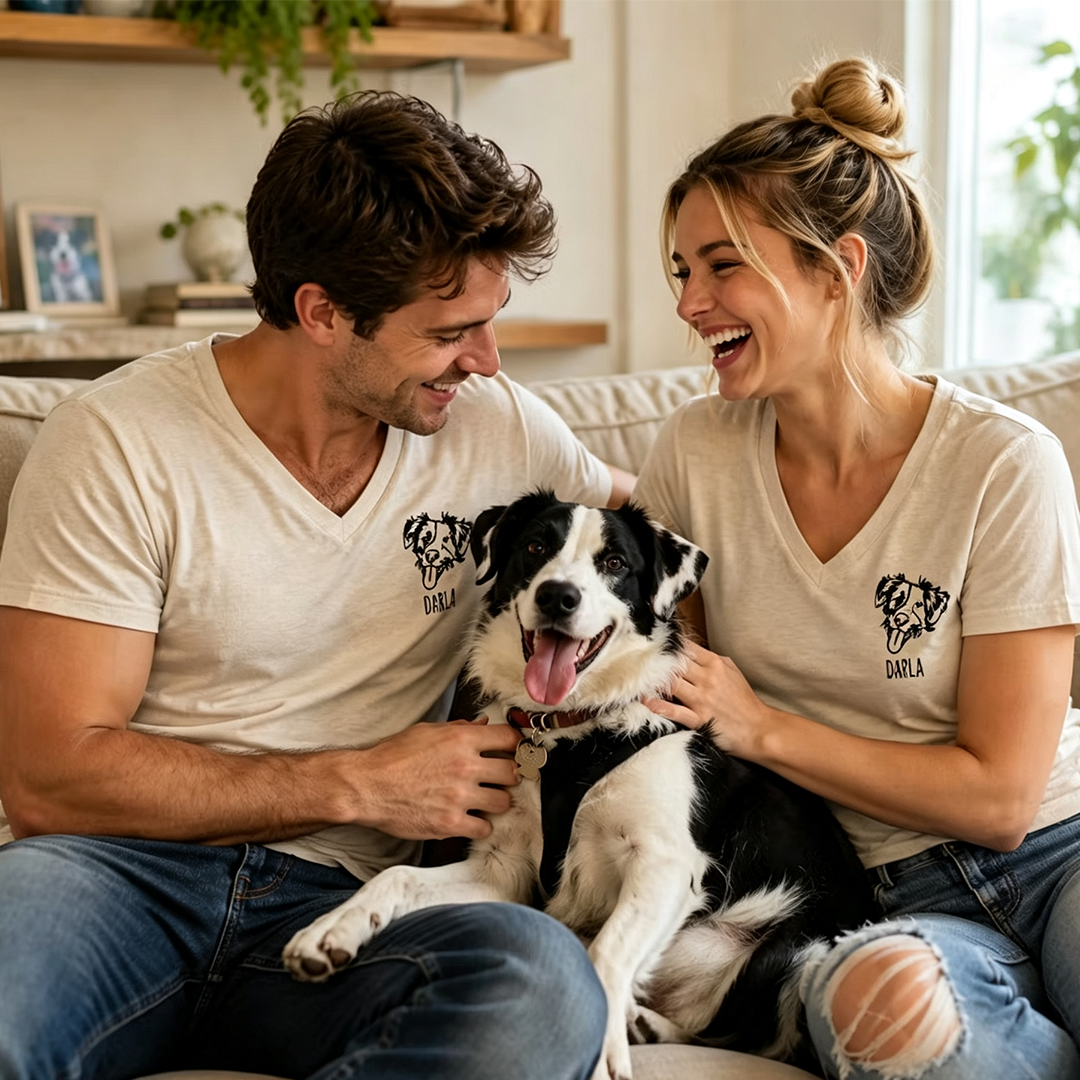Custom Embroidered Pet Face V Neck T Shirt Personalized Gift for Dog And Cat Lovers
