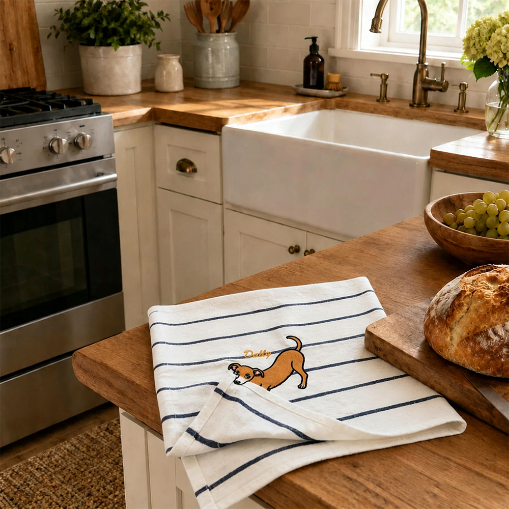 Personalized Pet Portrait Kitchen Towel | Custom Dog & Cat Embroidered Towel