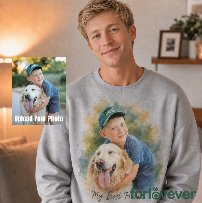Custom Watercolor Pet & Owner Portrait Sweatshirt, Personalized Pet Photo Crewneck with Custom Text