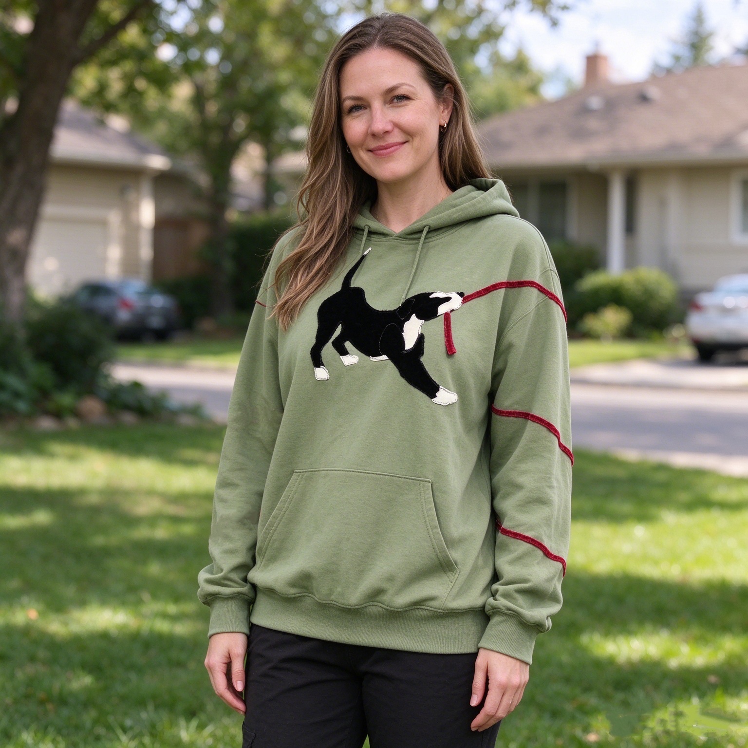 Playful Dog Leash Appliqué Embroidered Crewneck Sweatshirt