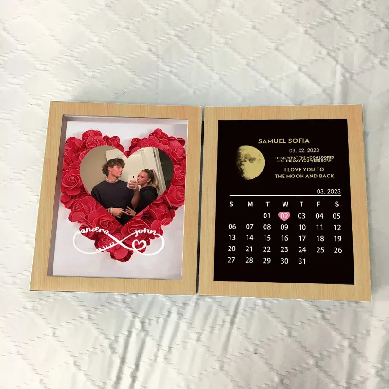 (Infinity Sign With Names) Custom Flowers Frame with REAL MOON PHASE Anniversary Calendar