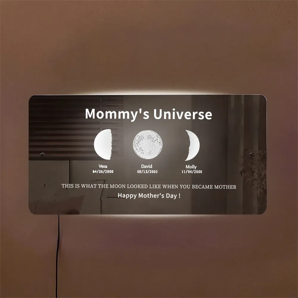 Custom Moon Phase Frame Mirror Light With Text & Date- Custom Art Frame for Mom - Mommy's Universe