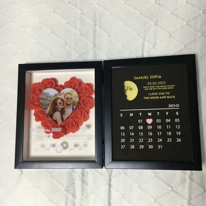 (Heart With Song) Custom Flowers Frame with REAL MOON PHASE Anniversary Calendar-forlovever