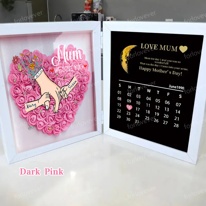 Mum We Love You With REAL MOON PHASE Anniversary Calendar - Personalised Mum & Grandma Flower Shadow Box with Names-forlovever