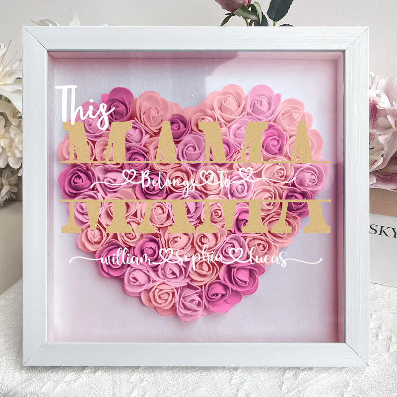 'This MUM/MOM Belongs to' Flower Heart Shadow Box for Mom,Roses Shadowbox with custom Names, Custom Frame Gift for Mother's Day-forlovever