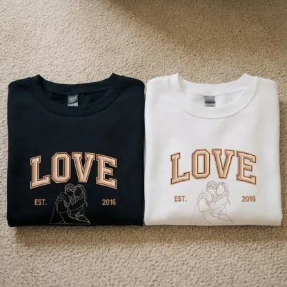 Custom Embroidered Outline Photo Couple LOVE Est Year Valentines Matching Couple Gift