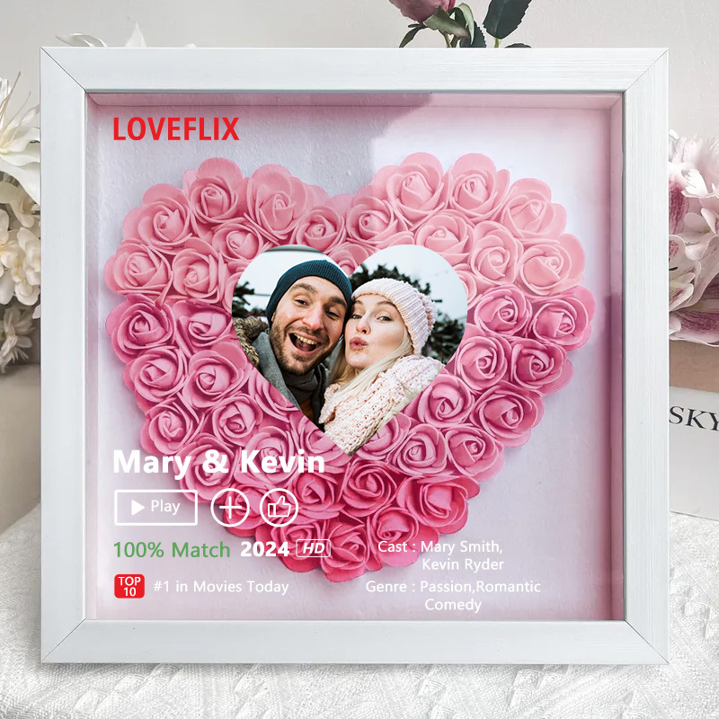 (Heart Shaped) Custom LOVEFLIX Movie Photo Flower Shadow Box with Your Love Story-forlovever