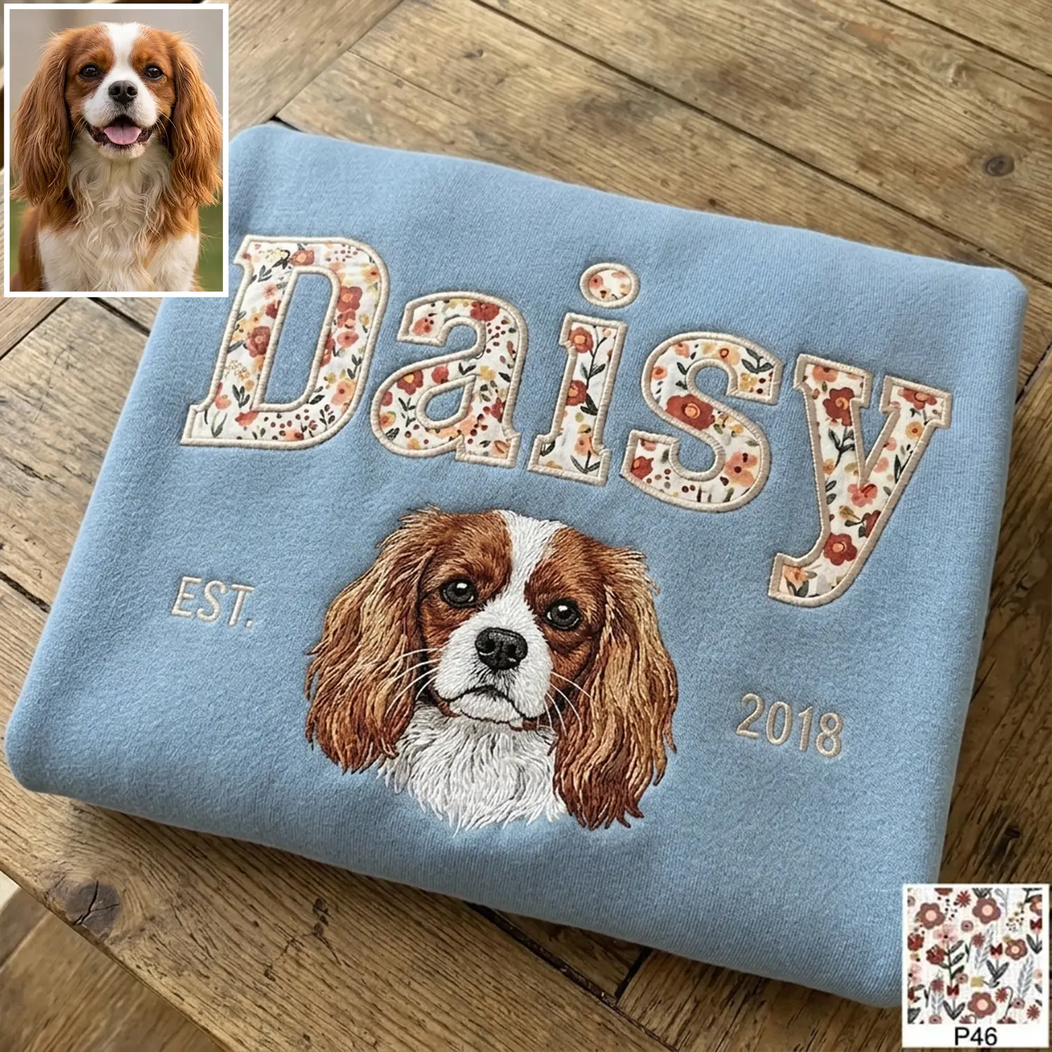 Custom Pet Portrait Floral Applique Embroidered T-Shirt Sweatshirt - Personalized Gift for Pet Lovers with EST Year