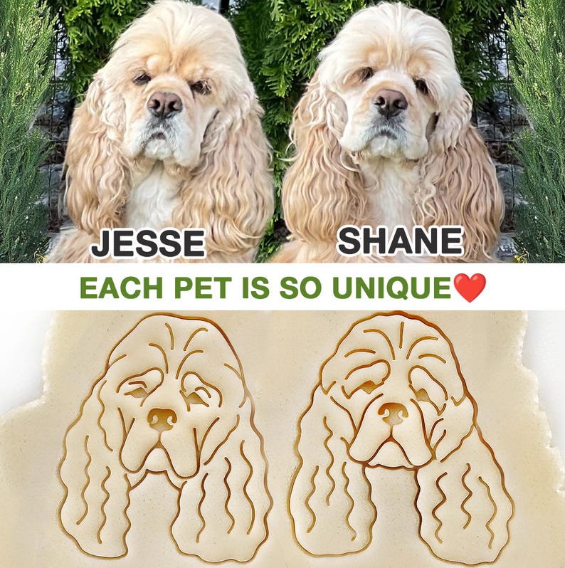 Two images that show the example of actual Custom pet portrait cookie cutters made for a real customer. Image on the top shows two cocker spaniel dogs - Jesse and Shane - that look very similar but each has its own unique features. And the bottom image shows the ready imprints of their portraits that capture exactly their features with all details that make each one special. Customer was very happy with the designs of her beloved pets and how the cutters turned out.