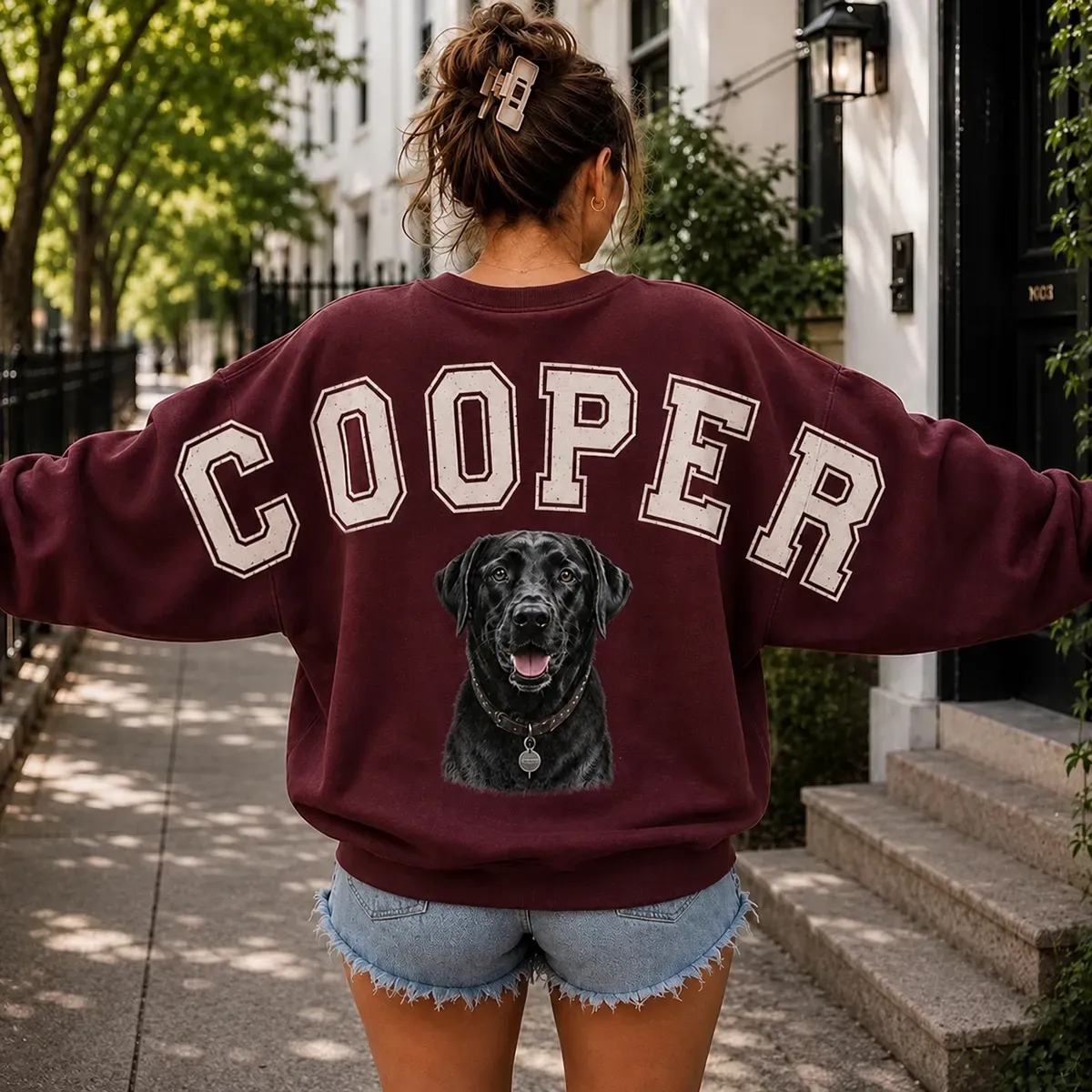Custom Pet Portrait Sweatshirt with Distressed Big Back Name, Dog Mom Hoodie
