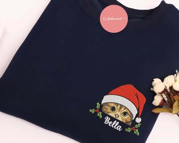 Custom Pet Photo Holly Berry Christmas Greeting Embroidered Sweatshirt, Hoodie, T-Shirt