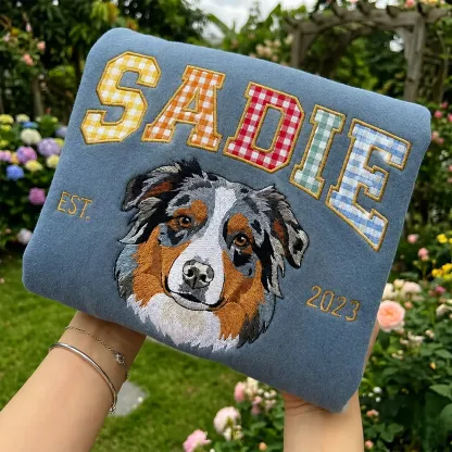 Custom Pet Portrait Embroidered Sweatshirt with Multi-Color Gingham Varsity Name