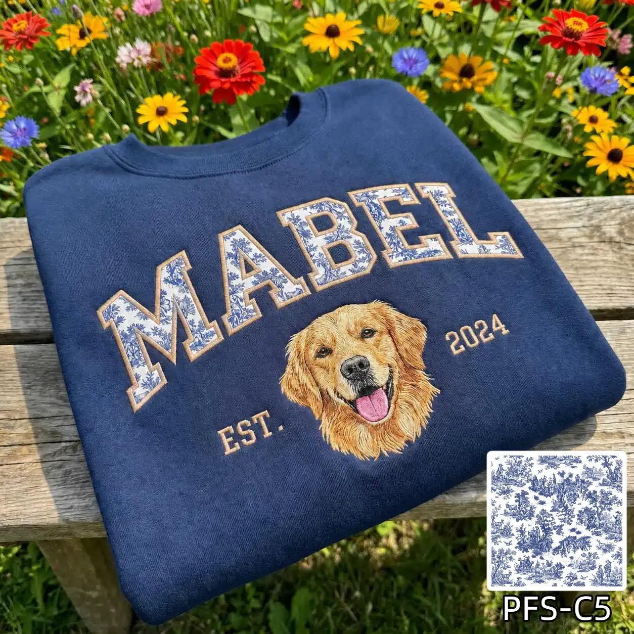 Custom Pet Portrait Embroidered Sweatshirt with Chinoiserie Appliqué Name
