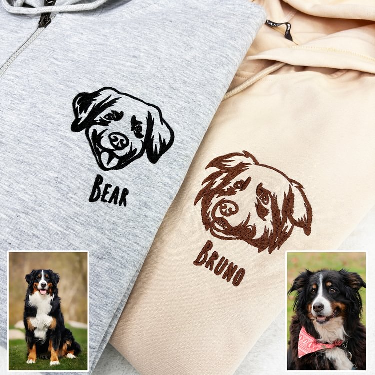 Custom Pet Portrait Embroidered Portrait Hooded Zip Up Hoodie